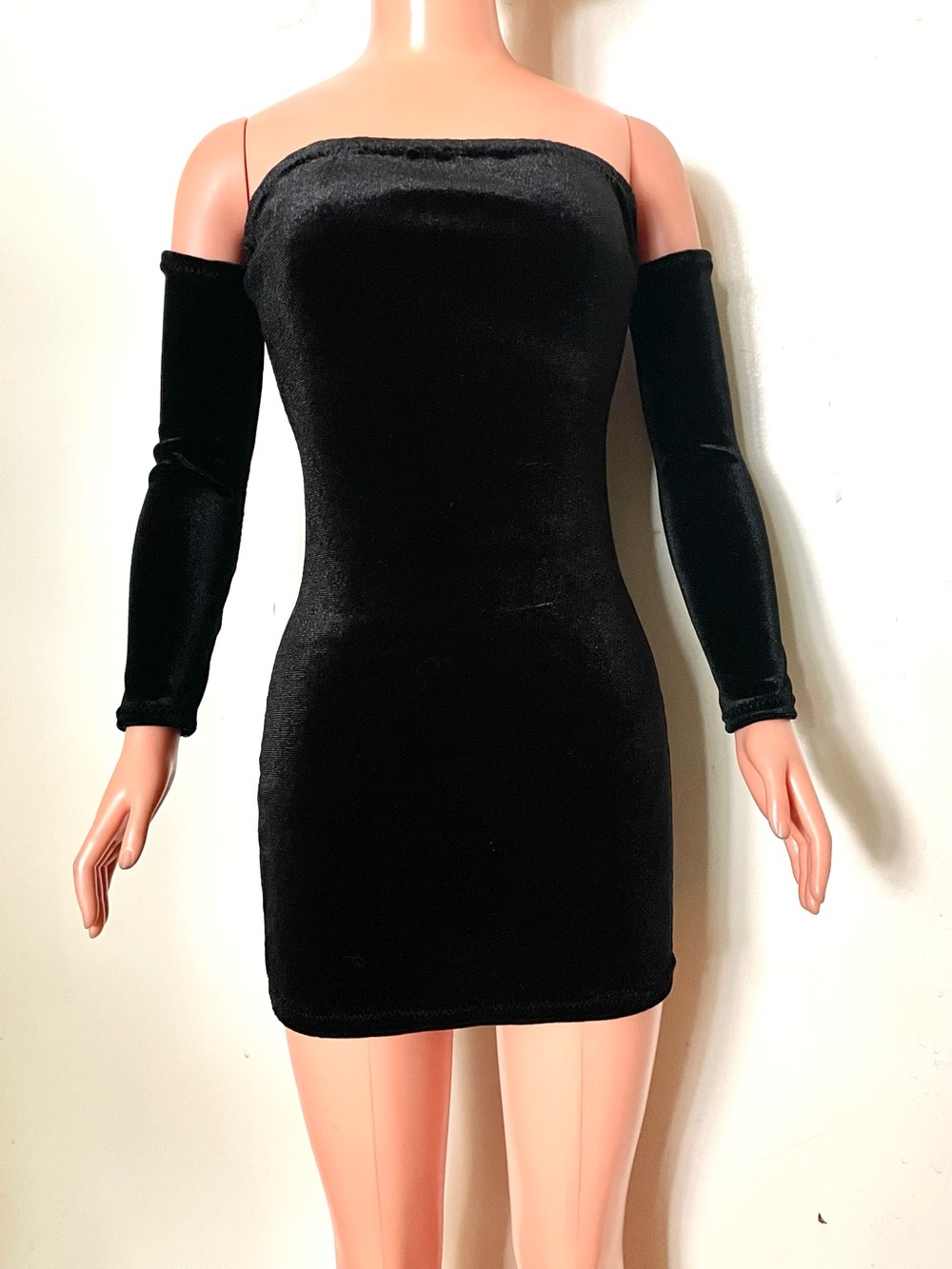 Black Stretch Velvet Mini Dress For My Size Barbie Doll. New. Bodycon. Handmade